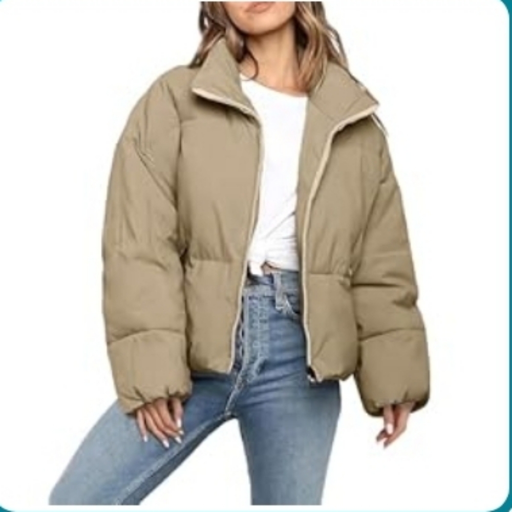 Taupe Winter Cropped Puffer Oversize Jacket